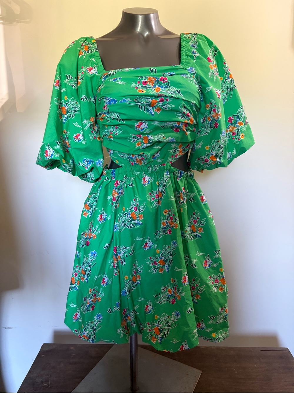 A New Day Green Floral Puff Sleeve Cut Out Bubble A-Line Mini Dress XS